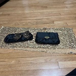 Gold sequin Shaw and two evening bags
